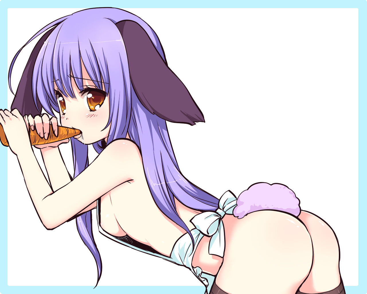usashiro mani, original, bad id, bad pixiv id, 1girl, animal ears, apron, breasts, carrot, female focus, long hair, naked apron, nipples, orange eyes, purple hair, rabbit ears, rabbit tail, sexually suggestive, sideboob, small breasts, solo, tail, yellow eyes