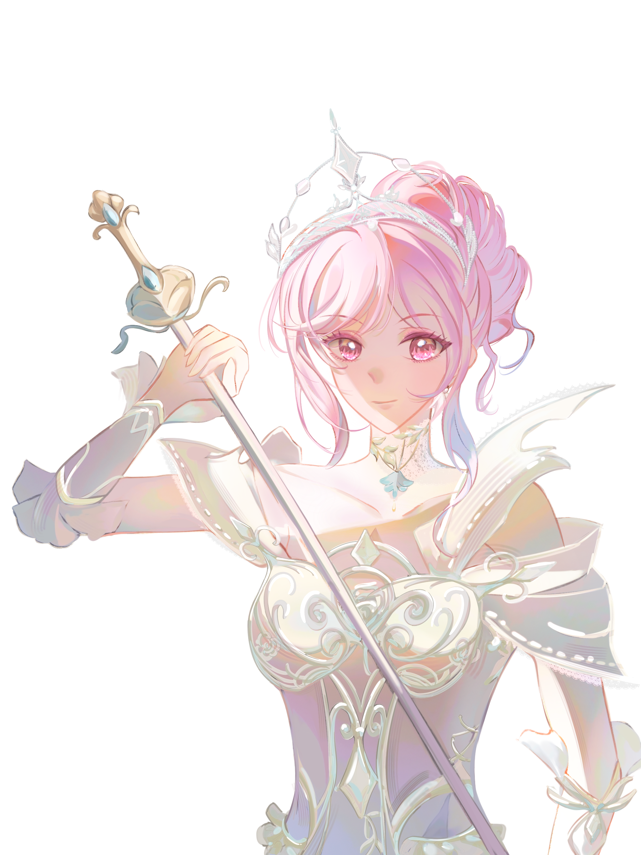 nikki (nikki), infinity nikki, nikki (series), absurdres, chinese commentary, commentary request, highres, variant set, 1girl, armor, backlighting, bare shoulders, breastplate, closed mouth, clothing cutout, collar, collarbone, detached collar, dress, earrings, eyelashes, frilled arm warmers, hair bun, high collar, holding, holding sword, holding weapon, jewelry, lace collar, light blush, lips, melody bloom (infinity nikki), pink eyes, pink hair, rapier, see-through collar, short hair, short hair with long locks, short sleeves, shoulder cutout, shuiguo wushi, sidelocks, simple background, single hair bun, smile, solo, sword, tiara, updo, upper body, wavy hair, weapon, white arm warmers, white background, white collar, white dress