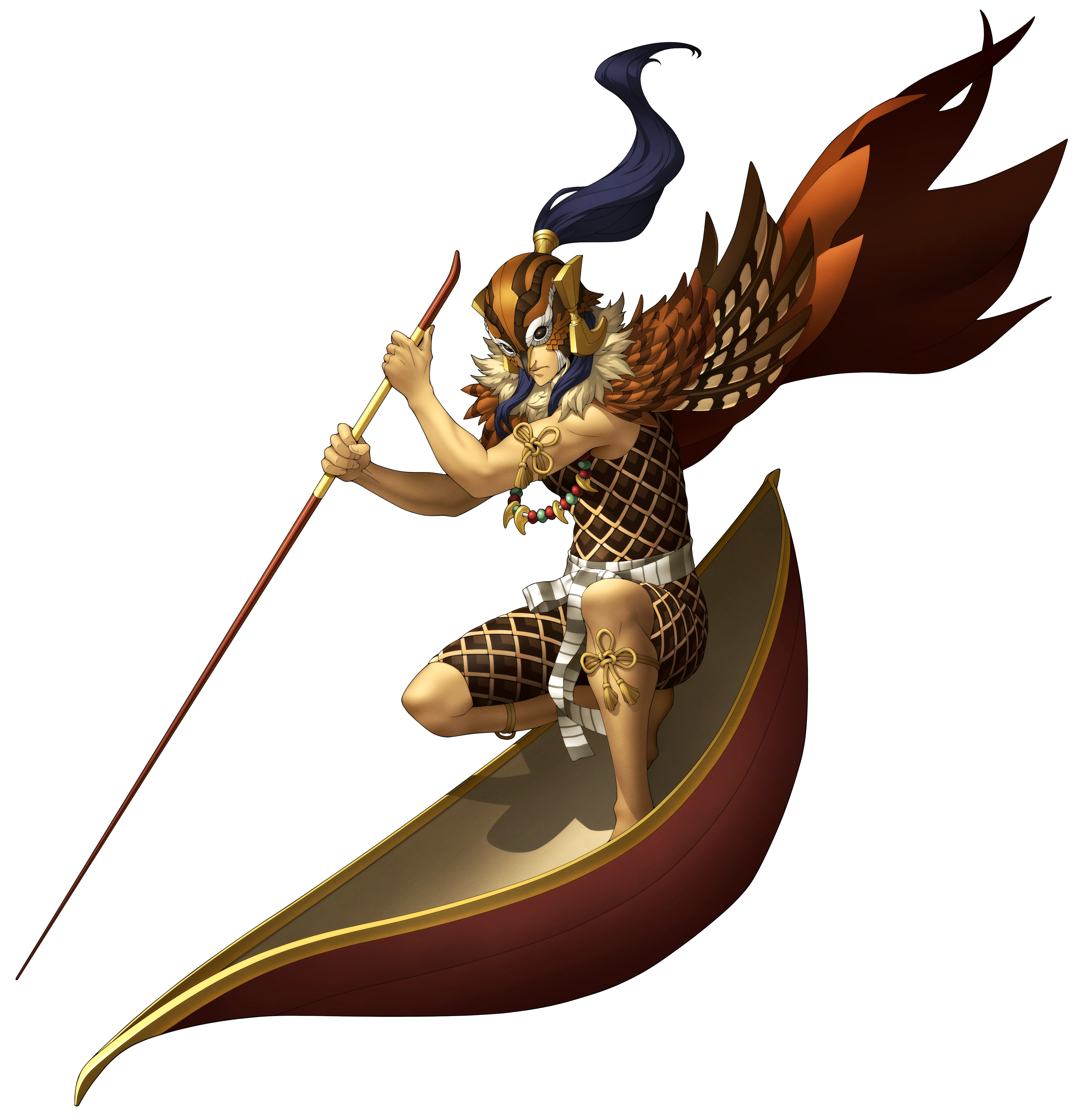 doi masayuki, shin megami tensei, shin megami tensei iv final, absurdres, highres, official art, third-party source, 1boy, canoe, cape, demon (megami tensei), feathers, helmet, holding, holding pole, jewelry, male focus, necklace, pole, ponytail, serious, setting pole, solo, squatting, sukuna-hikona (megami tensei), transparent background, wings