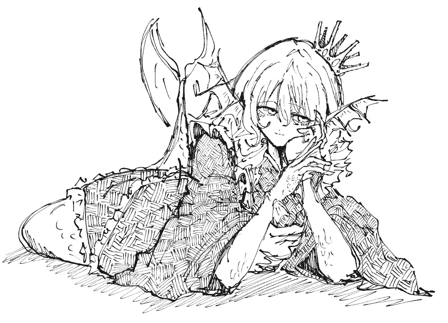 narurichan, wakasagihime, touhou, 1girl, closed mouth, crown, drill hair, fins, frilled kimono, frills, hair between eyes, half-closed eyes, hand on own cheek, hand on own face, hatching (texture), head fins, japanese clothes, kimono, layered kimono, light smile, lineart, long bangs, long sleeves, looking at viewer, lying, medium hair, mermaid, monster girl, obi, on stomach, sash, simple background, sketch, solo, split mouth, twin drills, white background, wide sleeves