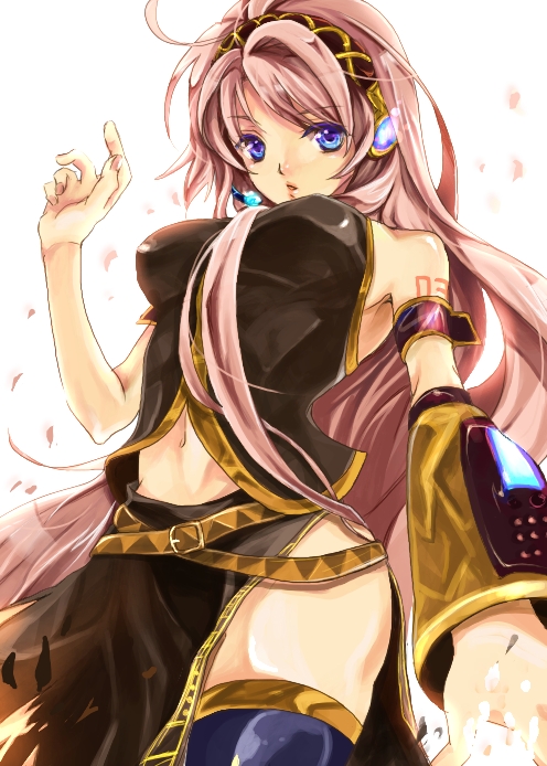 uni (gumin), megurine luka, vocaloid, bad id, bad pixiv id, blue eyes, long hair, midriff, petals, pink hair, solo, thighhighs, very long hair
