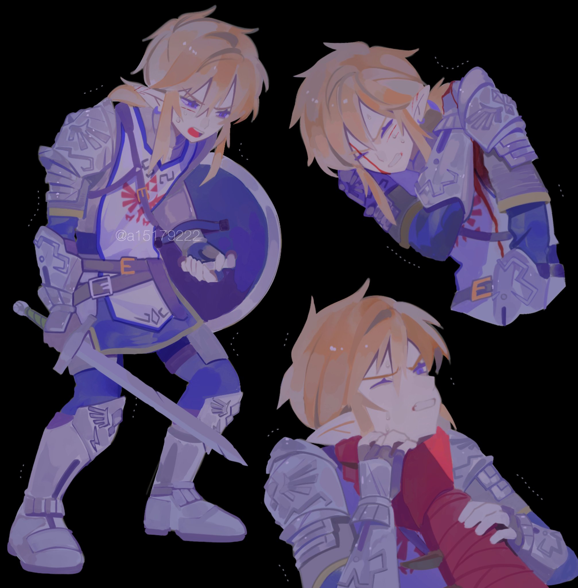 a15179222, link, nintendo, the legend of zelda, the legend of zelda: breath of the wild, commentary request, highres, armor, armored boots, bandaged arm, bandages, blonde hair, blood, blood on clothes, blood on face, blue eyes, boots, clenched teeth, colored skin, full body, hair between eyes, holding, holding shield, holding sword, holding weapon, low ponytail, male focus, medium hair, multiple views, one eye closed, open mouth, ponytail, red skin, shield, shoulder armor, sidelocks, strangling, sweatdrop, sword, teeth, trembling, twitter username, upper body, vambraces, weapon