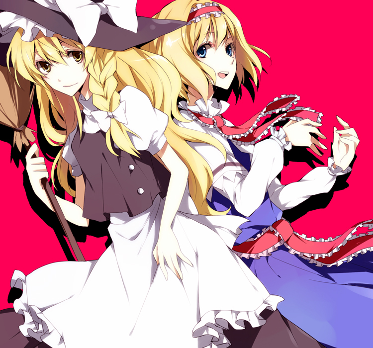 yuzuki karu, alice margatroid, kirisame marisa, touhou, bad id, bad pixiv id, 2girls, blonde hair, blue eyes, braid, broom, female focus, hairband, hat, long hair, multiple girls, short hair, witch, witch hat, yellow eyes