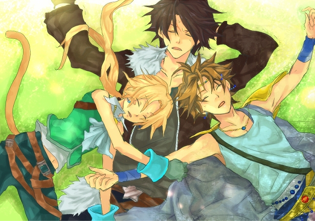 uni (gumin), bartz klauser, squall leonhart, zidane tribal, dissidia final fantasy, final fantasy, final fantasy ix, final fantasy v, final fantasy viii, 00s, 1990s (style), 3boys, blonde hair, brown hair, cape, closed eyes, male focus, multiple boys, sleeping, tail