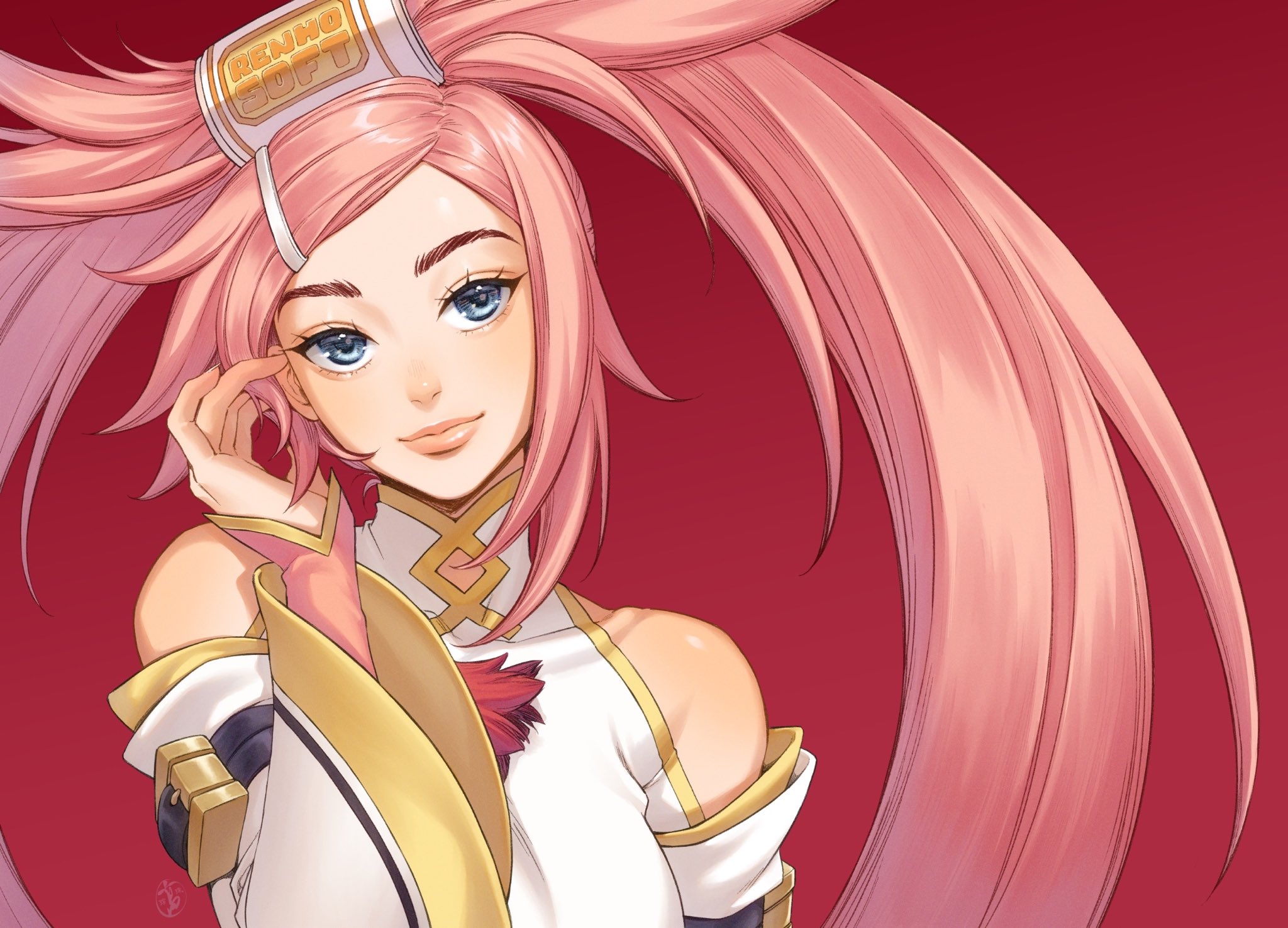 irene koh, kuradoberi jam, guilty gear, guilty gear xrd, commentary, english commentary, highres, 1girl, alternate color, blue eyes, china dress, chinese clothes, closed mouth, dress, hair ornament, lips, long hair, long sleeves, looking at viewer, pink hair, red background, signature, simple background, solo, turtleneck, white dress, wide sleeves