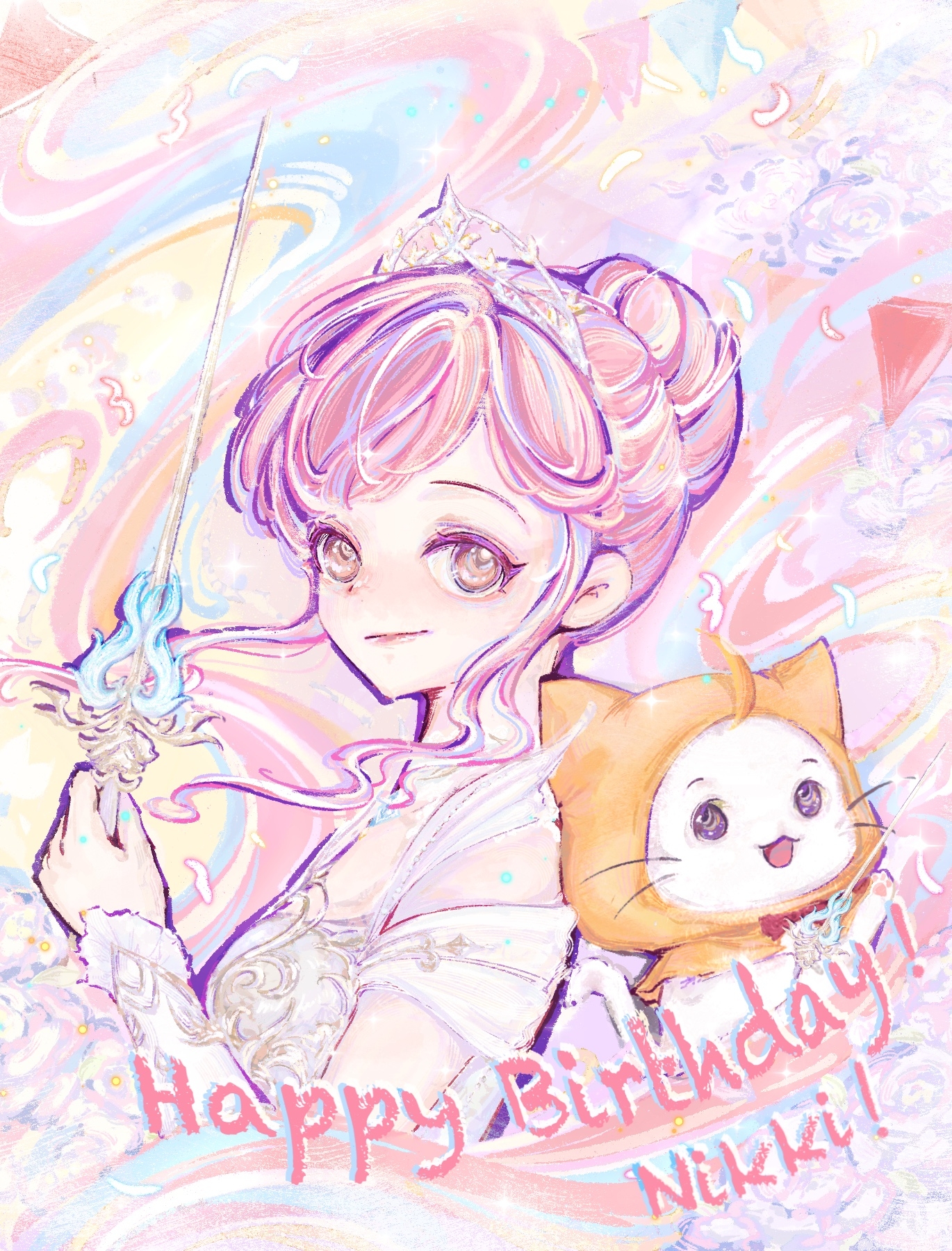melody bloom (infinity nikki), momo (nikki), nikki (nikki), infinity nikki, nikki (series), chinese commentary, commentary request, highres, 1girl, ahoge, arm up, armor, back-to-back, bare shoulders, bow, bowtie, breastplate, brown eyes, character name, cloak, closed mouth, clothing cutout, collar, colorful background, confetti, cropped torso, detached collar, dot nose, dress, ear covers, english text, eyelashes, floating hair, frilled arm warmers, hair bun, happy, happy birthday, holding, holding sword, holding weapon, hood, hood up, hooded cloak, lace collar, light blush, lipstick, makeup, pawpads, pink hair, pink lips, rapier, red bow, red bowtie, short hair with long locks, short sleeves, shoulder cutout, sidelocks, single hair bun, smirk, sword, tiara, traditional bowtie, updo, vodhisg, wavy hair, weapon, whiskers, white arm warmers, white collar, white dress, yellow cloak