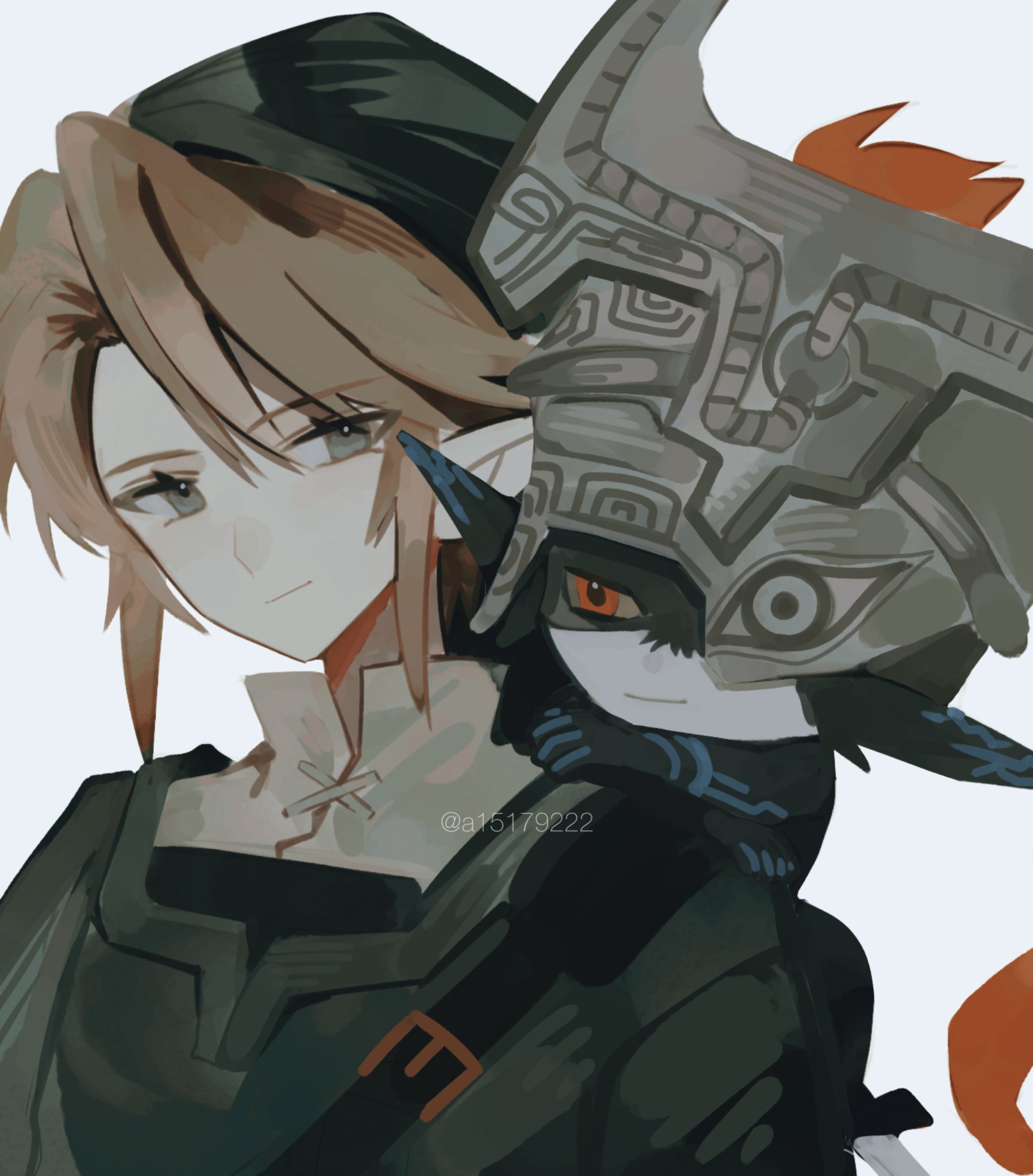a15179222, link, midna, nintendo, the legend of zelda, the legend of zelda: twilight princess, commentary request, highres, 1boy, 1girl, blonde hair, collared shirt, colored sclera, green hat, green tunic, grey hair, hair between eyes, hat, helmet over one eye, light smile, orange hair, phrygian cap, pointy ears, red eyes, shirt, short hair, shortstack, tunic, twitter username, white background, white shirt, yellow sclera