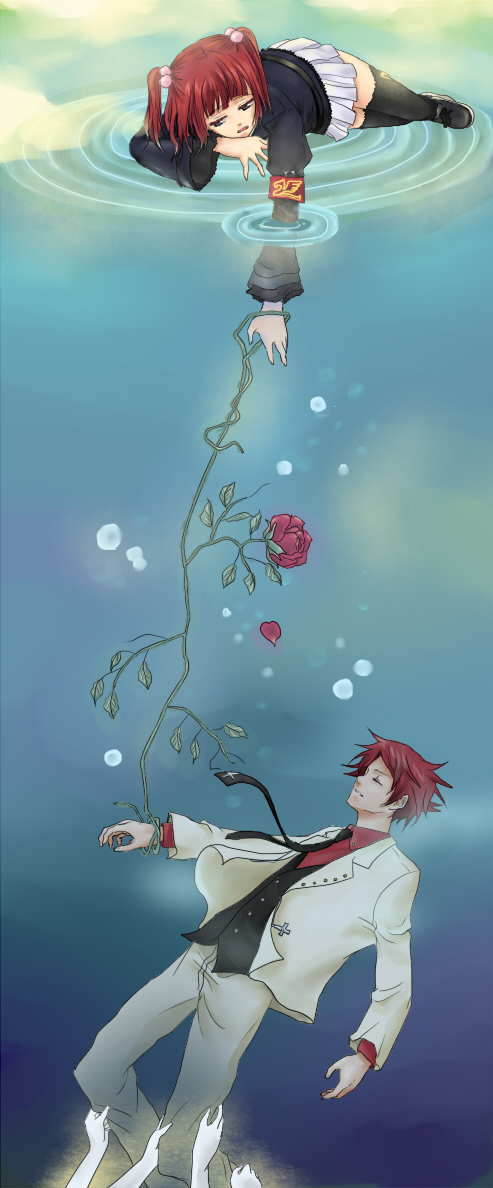 bekkourico, ushiromiya ange, ushiromiya battler, umineko no naku koro ni, 00s, 1boy, 1girl, armband, blue eyes, brother and sister, closed eyes, cross, crowling, flower, hair bobbles, hair ornament, horns, jacket, lying, necktie, red hair, rose, sad, short hair, siblings, skirt, thighhighs, twintails, underwater, water, wet, wet clothes, zettai ryouiki