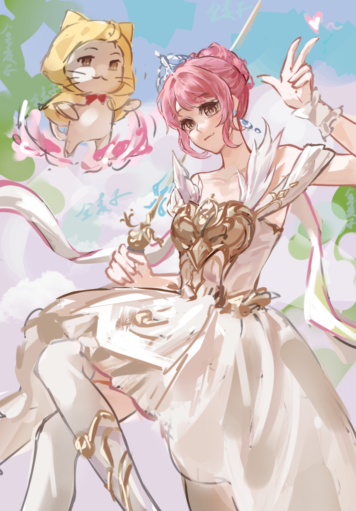 dandan02067, melody bloom (infinity nikki), momo (nikki), nikki (nikki), infinity nikki, nikki (series), chinese commentary, commentary request, highres, textless version, 1girl, :3, ahoge, armor, armored boots, bare shoulders, blue sky, boots, bow, bowtie, breastplate, brown eyes, cloak, closed mouth, clothing cutout, cloud, coattails, day, dress, ear covers, earrings, eyelashes, feather-trimmed sleeves, feet out of frame, floating, frilled wrist cuffs, frills, hair bun, hair intakes, hand on own hip, happy, heart, holding, holding sword, holding weapon, hood, hood up, hooded cloak, jewelry, knee boots, light blush, looking at viewer, medium dress, outdoors, over shoulder, pink hair, pleated dress, pointy nose, rapier, red bow, red bowtie, ribbon, short hair, short sleeves, shoulder cutout, sidelocks, single hair bun, single wrist cuff, sky, smile, sword, thighhighs, tiara, traditional bowtie, updo, v, weapon, weapon over shoulder, whiskers, white boots, white dress, white ribbon, white thighhighs, white wrist cuffs, wrist cuffs, yellow cloak