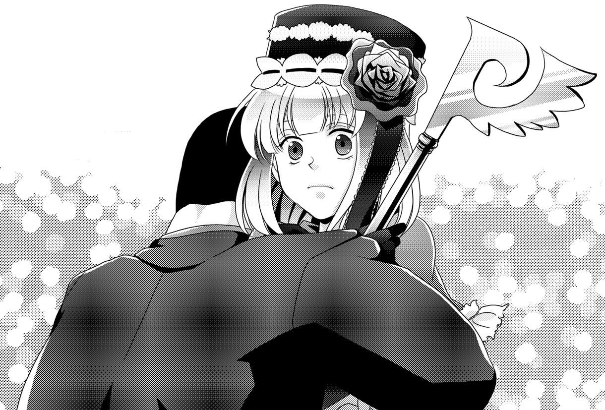 edamame-zanmai, odio, eva beatrice, ushiromiya hideyoshi, umineko no naku koro ni, bad id, bad pixiv id, 00s, 1boy, 1girl, flower, greyscale, hat, hetero, hug, monochrome, rose, short hair, staff