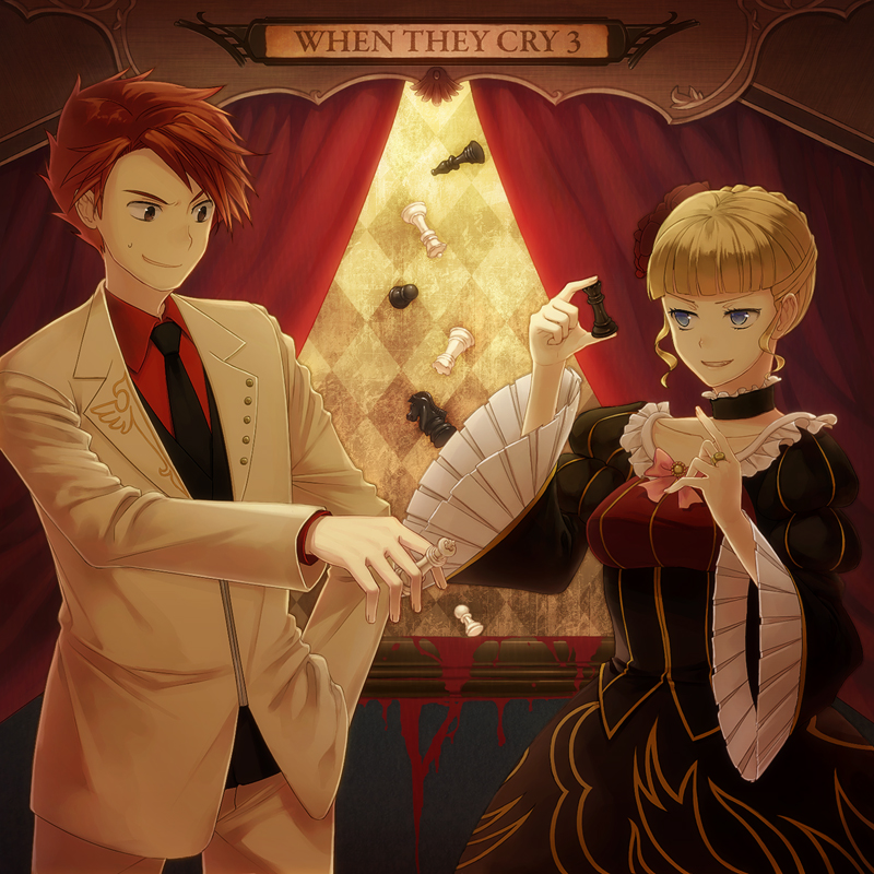 neko k321, beatrice (umineko), ushiromiya battler, umineko no naku koro ni, bad id, bad pixiv id, 00s, blonde hair, blue eyes, board game, chess, choker, dress, frills, necktie, red hair, short hair, smile