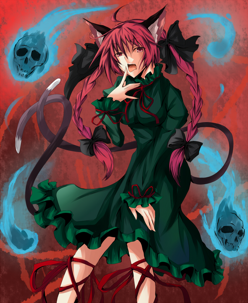 ram hachimin, kaenbyou rin, touhou, 1girl, animal ears, braid, cat ears, cat girl, cat tail, female focus, long hair, multiple tails, red hair, skull, solo, tail, tongue, twin braids