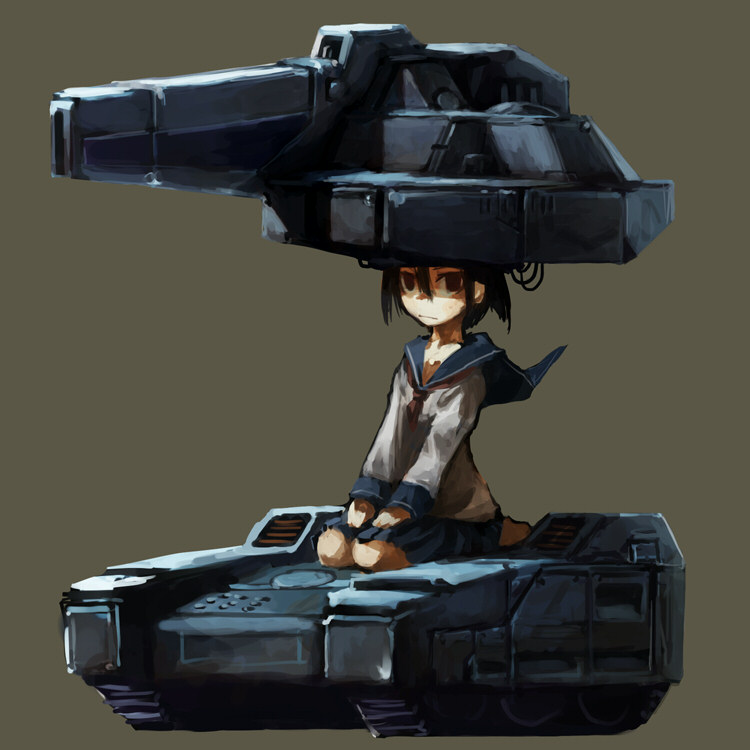 gregorius yamada, nectaris, vehicle, 1girl, brown eyes, caterpillar tracks, female focus, kneeling, military, military vehicle, motor vehicle, personification, school uniform, serafuku, short hair, simple background, solo, tank
