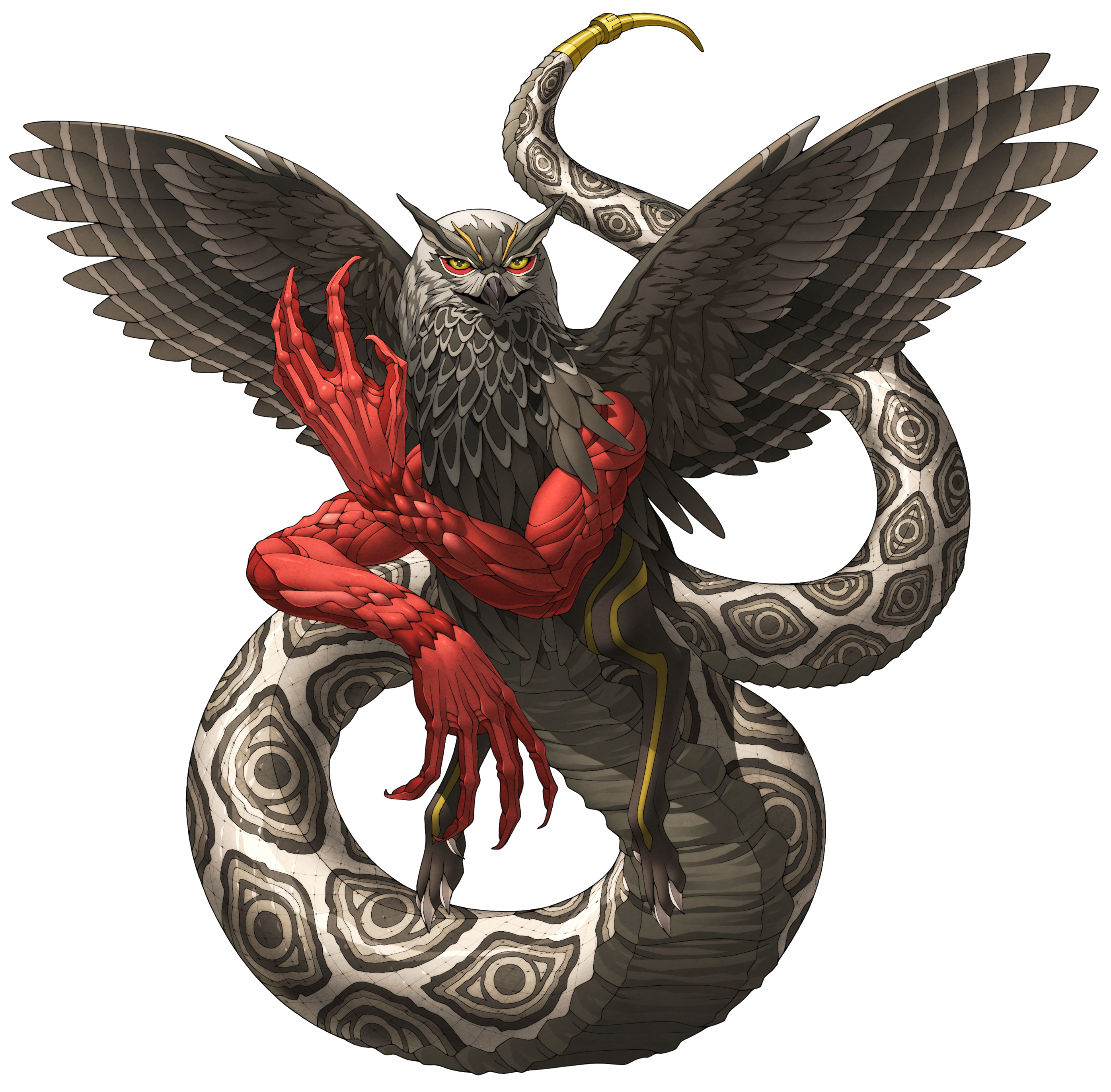 doi masayuki, amon (megami tensei), shin megami tensei, shin megami tensei: strange journey, absurdres, highres, official art, third-party source, 1boy, beak, bird, claws, demon (megami tensei), feathered wings, feathers, owl, scales, shin megami tensei: deep strange journey, snake tail, solo, tail, transparent background, wings, yellow eyes