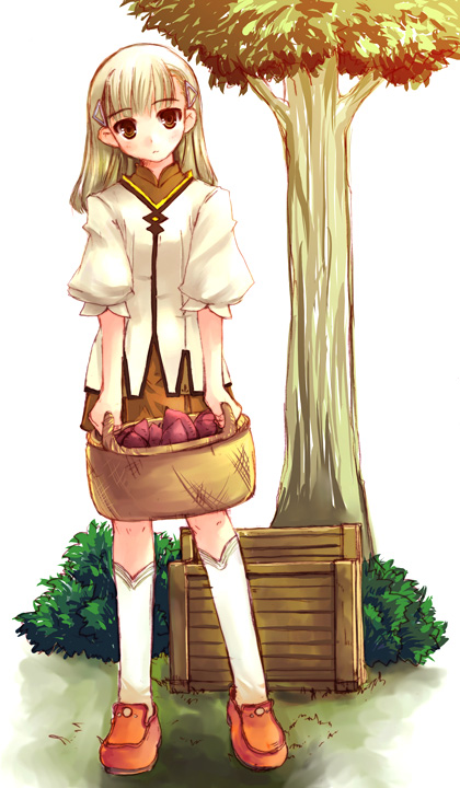 makita yoshiharu, rosetta, rune factory, rune factory 1, basket, blonde hair, hair ornament, hairclip, kneehighs, shoes, socks, solo