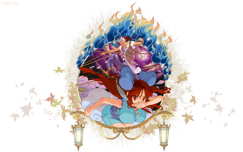 annindoufu (oicon), original, archived source, 1boy, 1girl, ankle boots, autumn leaves, bare arms, blue bow, blue fire, blue kimono, blue pants, blunt bangs, blunt ends, boots, bow, breasts, brown coat, cloud, coat, covering own mouth, feathers, fire, flower, full moon, grey feathers, hair between eyes, hair bow, hand over own mouth, holding, holding feather, huge breasts, japanese clothes, kimono, lantern, leaf, long hair, low ponytail, moon, multicolored hair, obi, obijime, pants, parted bangs, pink flower, pink petals, ponytail, purple sash, purple sky, red boots, red eyes, red hair, sash, sky, streaked hair, tasuki, torn clothes, torn kimono, white background, white hair, zipper, zipper pull tab