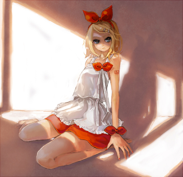 pisuke, kagamine rin, vocaloid, 1girl, barefoot, blonde hair, blue eyes, female focus, hair ornament, hair ribbon, hairclip, nail polish, on floor, red nails, ribbon, shade, shadow, short hair, sitting, skirt, solo, wariza