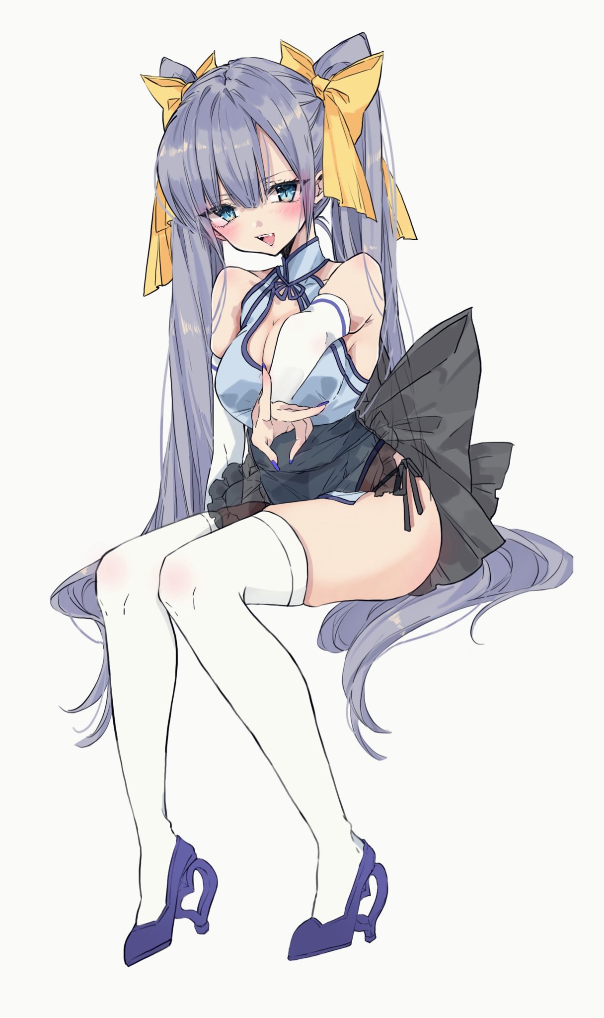 chigasaki yukari, original, commentary request, highres, 1girl, bare shoulders, black bow, blue dress, blue eyes, blue hair, blue nails, blush, bow, breasts, china dress, chinese clothes, cleavage, detached sleeves, dress, full body, hair bow, high heels, large breasts, long hair, looking at viewer, nail polish, open mouth, simple background, sitting, smile, solo, thighhighs, twintails, v, white background, white thighhighs, yellow bow