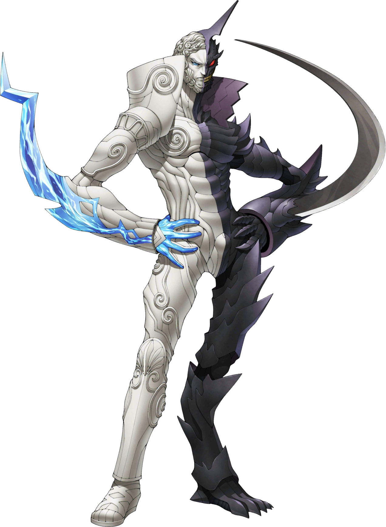 doi masayuki, zeus (megami tensei), shin megami tensei, shin megami tensei: strange journey, highres, official art, third-party source, 1boy, arm blade, beard, blue eyes, claws, curly hair, demon (megami tensei), electricity, facial hair, frown, grin, hands on own hips, heterochromia, horns, red eyes, sharp teeth, shin megami tensei: deep strange journey, single horn, smile, solid eyes, solo, split theme, standing, teeth, transparent background, weapon