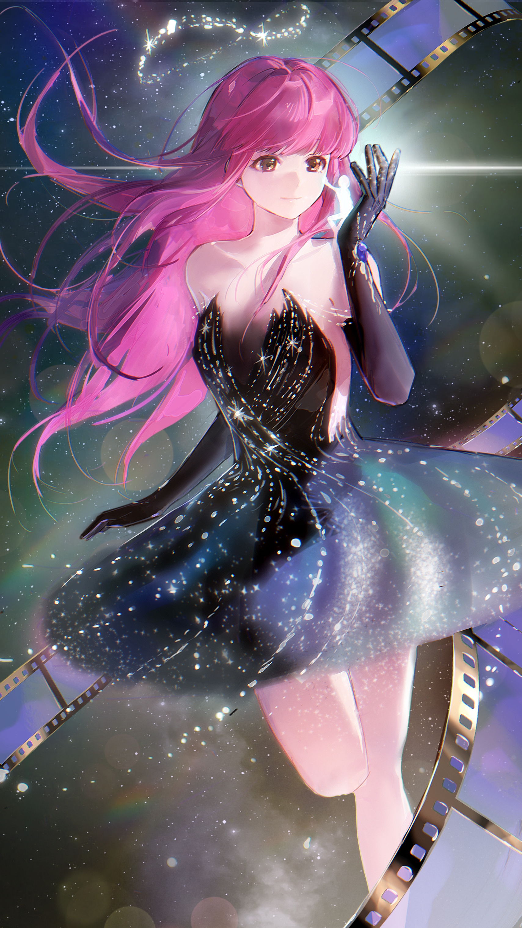 nikki (nikki), nikki (series), shining nikki, absurdres, artist request, chinese commentary, commentary, commentary request, english commentary, highres, mixed-language commentary, second-party source, textless version, 2girls, bare legs, bare shoulders, black dress, black gloves, bracelet, circle skirt, collarbone, dress, elbow gloves, film strip, floating hair, giant, giantess, gloves, halo, happy, holding, holding mini person, infinity symbol, jewelry, knee up, logo, long hair, looking at another, mini person, multiple girls, pink hair, print dress, side slit, space print, star beyond galaxy (shining nikki), starry sky print, strapless, strapless dress, very long hair