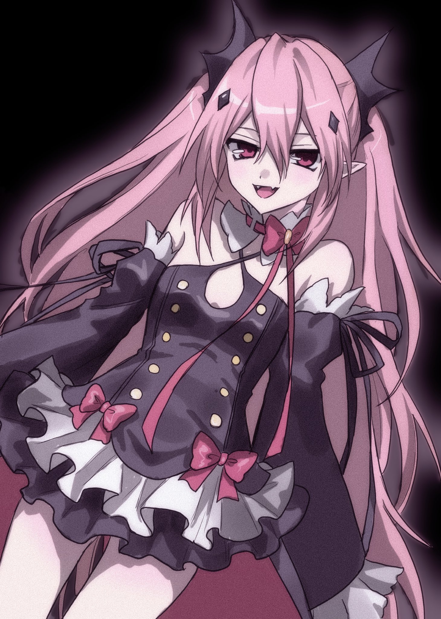l0ver t t, krul tepes, owari no seraph, commentary request, highres, 1girl, bare shoulders, black background, black dress, breasts, detached collar, detached sleeves, dress, fang, hair between eyes, hair ornament, long hair, long sleeves, looking at viewer, pink hair, pointy ears, red eyes, simple background, sleeves past wrists, small breasts, smile, solo, twintails, vampire, very long hair, wing hair ornament