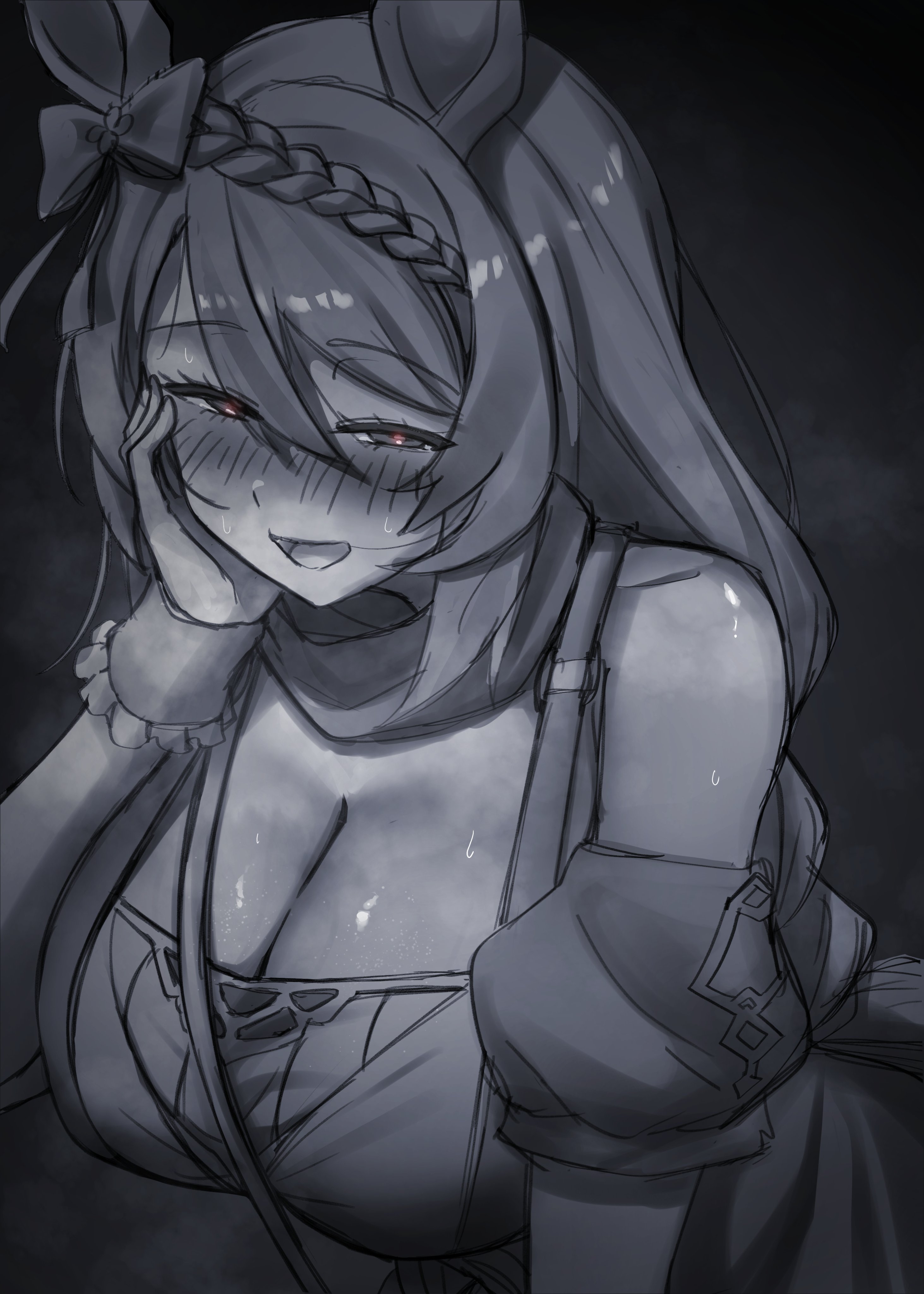 kay yu, super creek (murmuring stream) (umamusume), super creek (umamusume), umamusume, absurdres, commentary, english commentary, highres, 1girl, :d, animal ears, blush, bow, braid, breasts, cleavage, detached sleeves, dress, ear bow, frilled wrist cuffs, frills, half-closed eyes, hand on own cheek, hand on own face, horse ears, horse girl, horse tail, large breasts, long hair, looking at viewer, monochrome, open mouth, puffy detached sleeves, puffy short sleeves, puffy sleeves, scarf, short sleeves, smile, solo, sweat, tail, very long hair, wrist cuffs