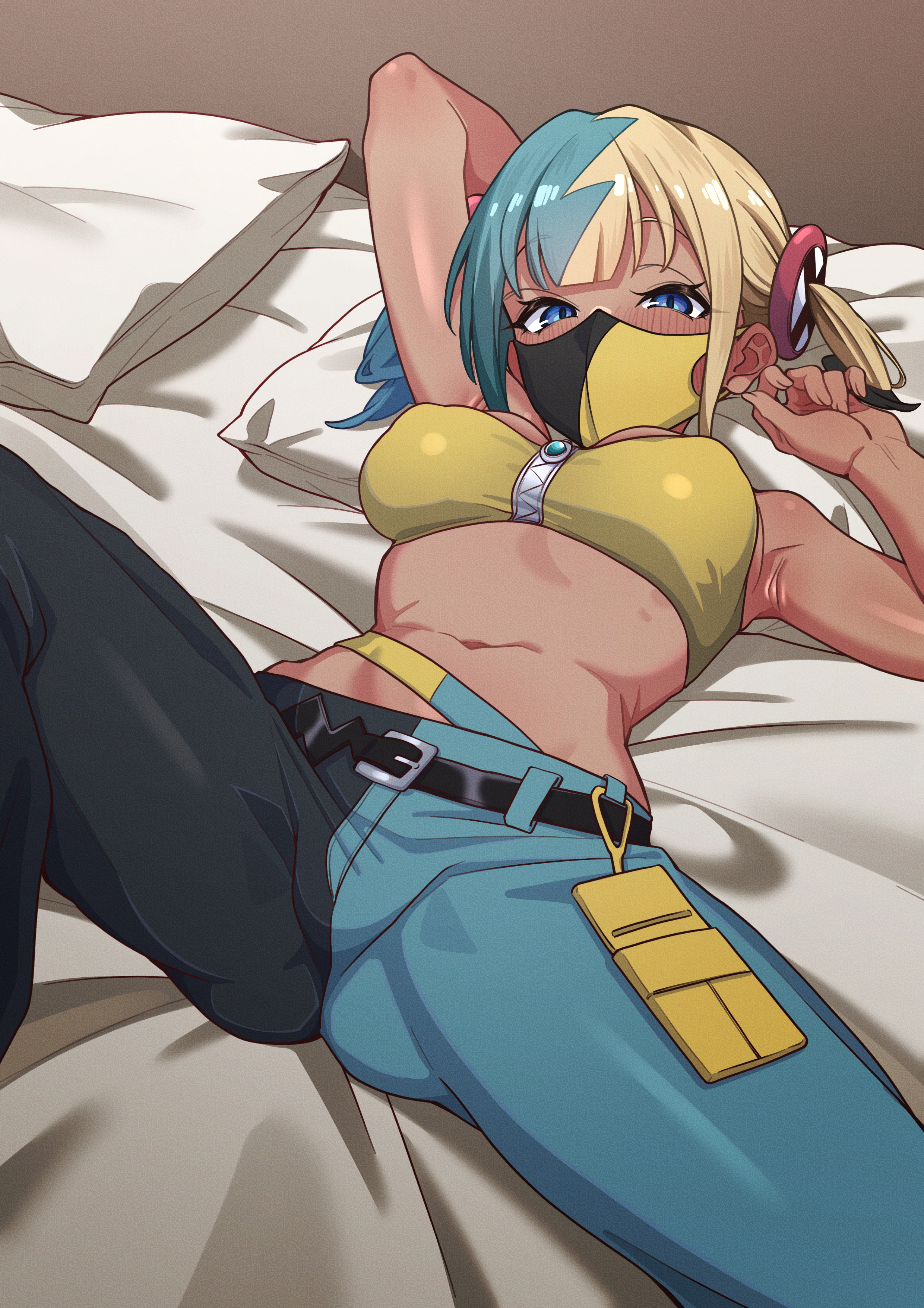 mekato, canari (pokemon), nintendo, pokemon, absurdres, commentary request, highres, 1girl, aqua hair, arm behind head, arm up, bandeau, belt, black belt, blonde hair, blush, head on pillow, looking at viewer, lying, mask, midriff, mouth mask, multicolored hair, navel, on back, on bed, pants, pillow, short twintails, solo, split-color hair, stomach, twintails, two-tone hair, two-tone mask, two-tone pants, yellow bandeau