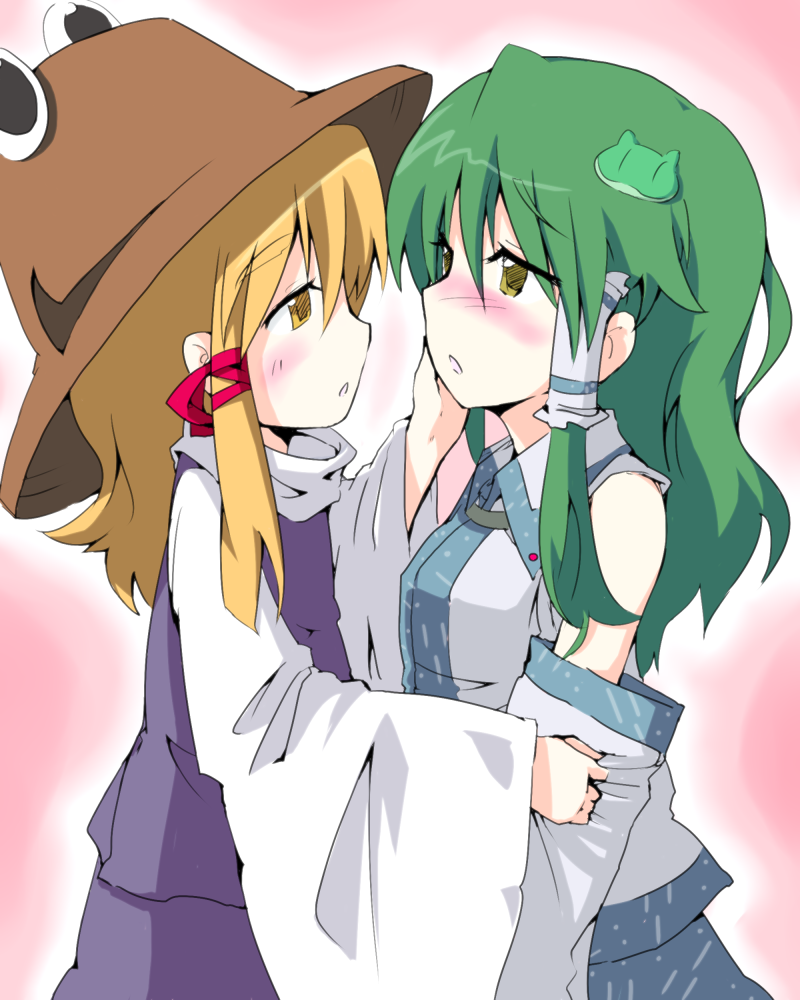 ane, kochiya sanae, moriya suwako, touhou, bad id, bad pixiv id, 2girls, blonde hair, blush, detached sleeves, female focus, green eyes, green hair, hat, incest, long hair, multiple girls, short hair, yuri