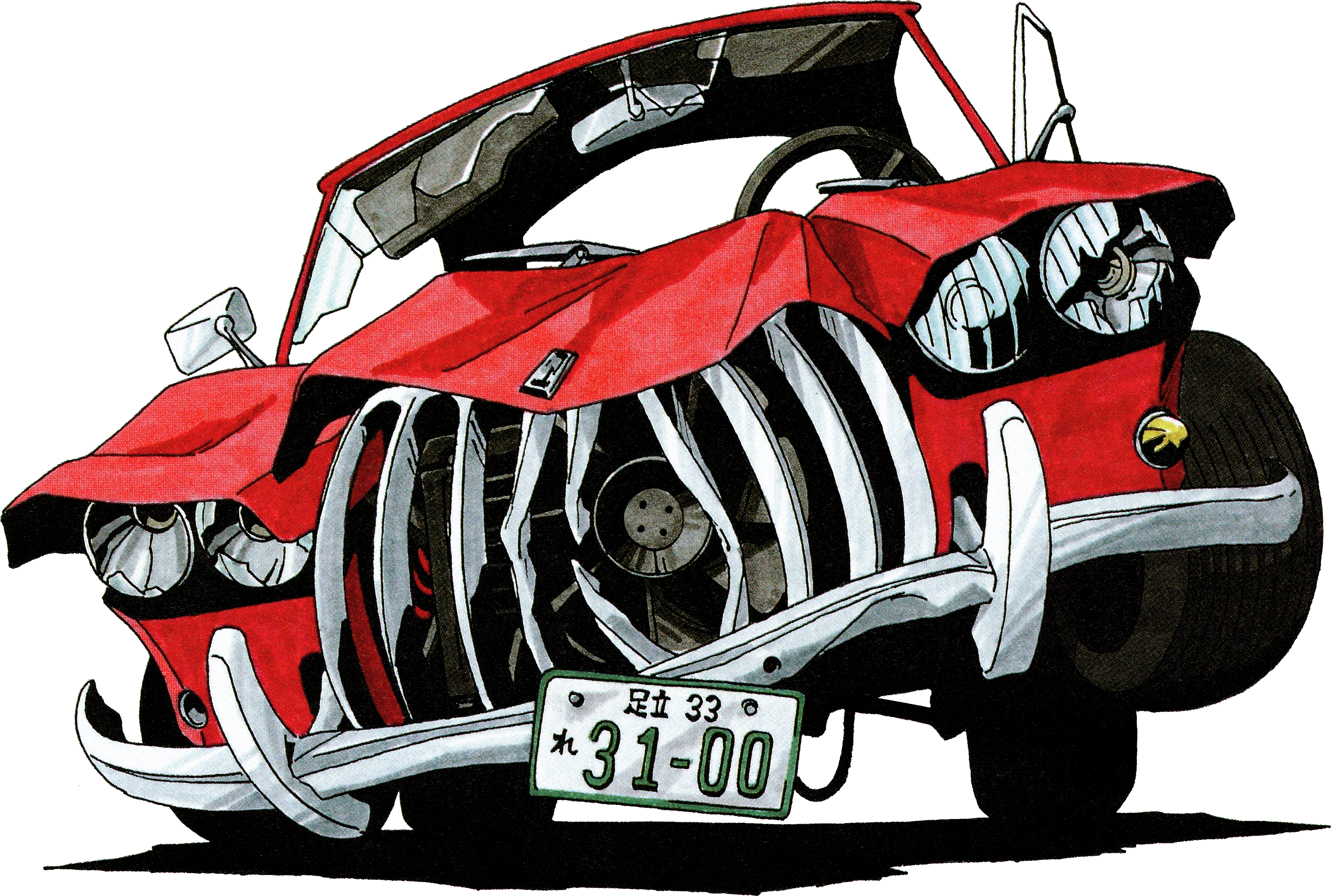 kazuma kaneko, shin megami tensei, shin megami tensei ii, absurdres, highres, marker (medium), official art, scan, third-party source, traditional media, broken glass, car, chris the car (megami tensei), christine (novel), crack, damaged, demon (megami tensei), full body, glass, license plate, motor vehicle, no humans, possessed, retro artstyle, solo, transparent background, vehicle focus