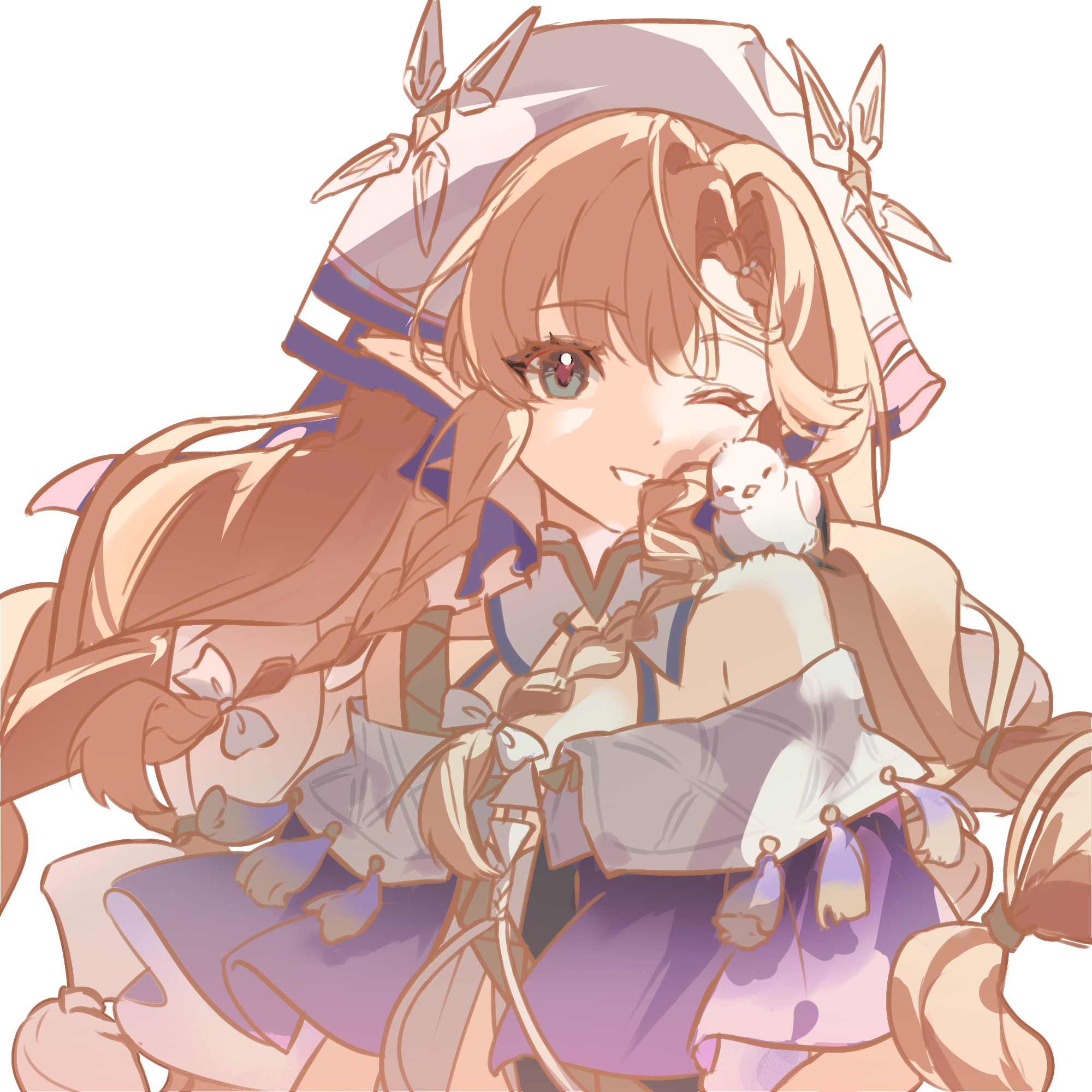 lancaolinyin, sigrika (wuthering waves), wuthering waves, commentary request, highres, 1girl, animal, animal on shoulder, bare shoulders, bird, bird on shoulder, braid, long hair, long pointy ears, one eye closed, orange hair, pointy ears, simple background, solo, twin braids, upper body, white background