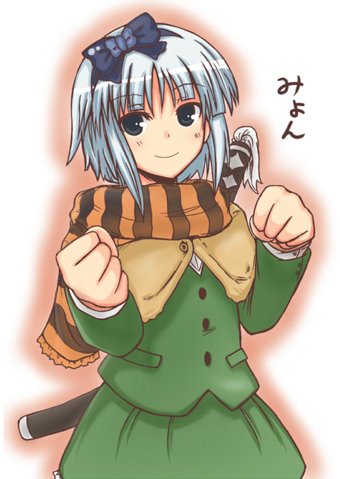 lock heart (juuryokudou), konpaku youmu, touhou, silver hair, 1girl, blue eyes, female focus, gradient background, hairband, katana, scarf, short hair, solo, sword, weapon, white background