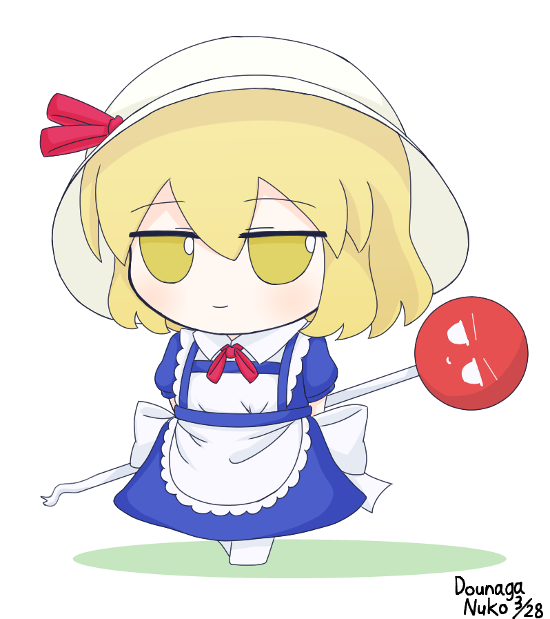 dounaga nuko, kana anaberal, touhou, touhou (pc-98), check commentary, commentary request, 1girl, apron, arms behind back, back bow, blonde hair, blue dress, bow, bowtie, collared shirt, dated, dress, frilled apron, frills, full body, fumo (doll), hair between eyes, hat, hat ribbon, holding, holding road sign, red ribbon, ribbon, road sign, shirt, sign, signature, simple background, smile, solo, standing, sun hat, white apron, white background, white hat