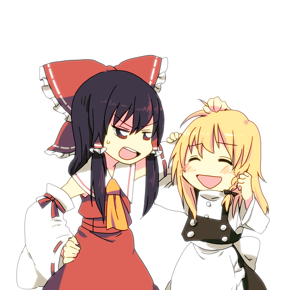 8bit, hachi (8bit canvas), hakurei reimu, kirisame marisa, touhou, bad id, bad pixiv id, highres, 2girls, black hair, blonde hair, bow, braid, detached sleeves, female focus, japanese clothes, miko, multiple girls, red eyes, short hair