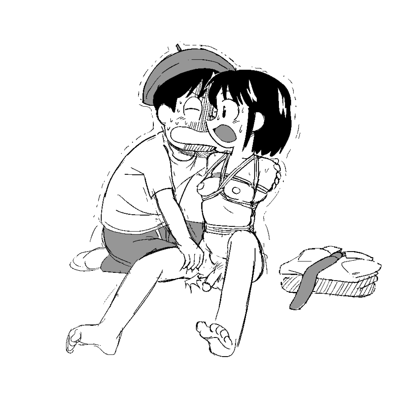 shotlock, izumi wako, city (arawi keiichi), 1boy, 1futa, arawi keiichi (style), barefoot, bdsm, bondage, bound, breasts, clothes on floor, collarbone, feet, from side, futanari, greyscale, hand on another's shoulder, monochrome, motion lines, nipples, official style, open mouth, penis, shaded face, shirt, short hair, shorts, small breasts, small penis, sweat, wide-eyed