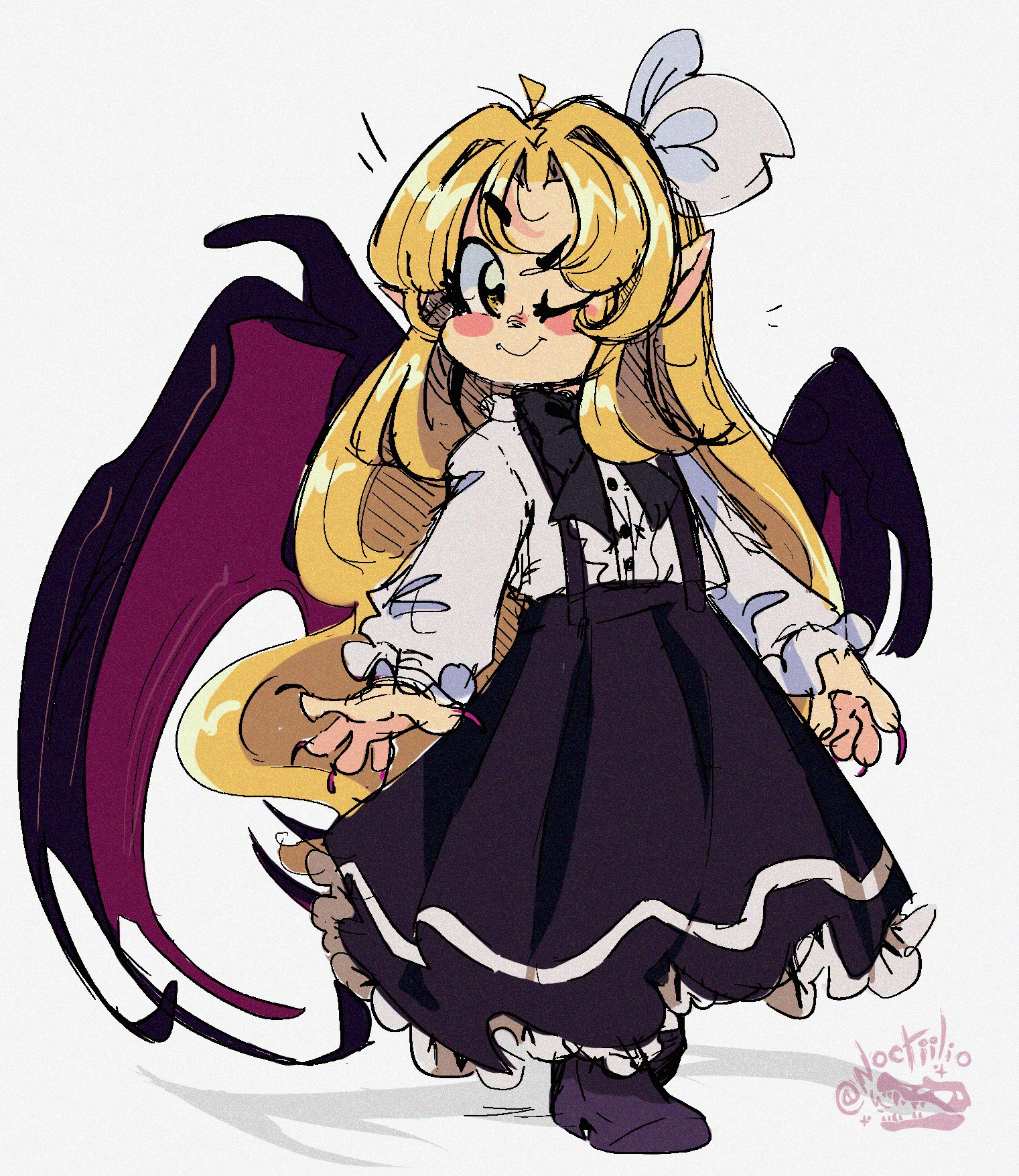 noctiilio, kurumi (touhou), touhou, touhou (pc-98), commentary, commission, english commentary, highres, 1girl, ahoge, alternate hairstyle, artist logo, bat wings, black collar, black shoes, black skirt, black suspenders, blonde hair, blush, bow, center frills, closed mouth, collar, curtained hair, fingernails, frilled skirt, frilled sleeves, frills, hair bow, hair intakes, logo, long fingernails, long hair, long skirt, long sleeves, looking at viewer, notice lines, one eye closed, pointy ears, red nails, shirt, shoes, simple background, sketch, skirt, smile, solo, twitter username, vampire, very long hair, white background, white bow, white shirt, wings, yellow eyes