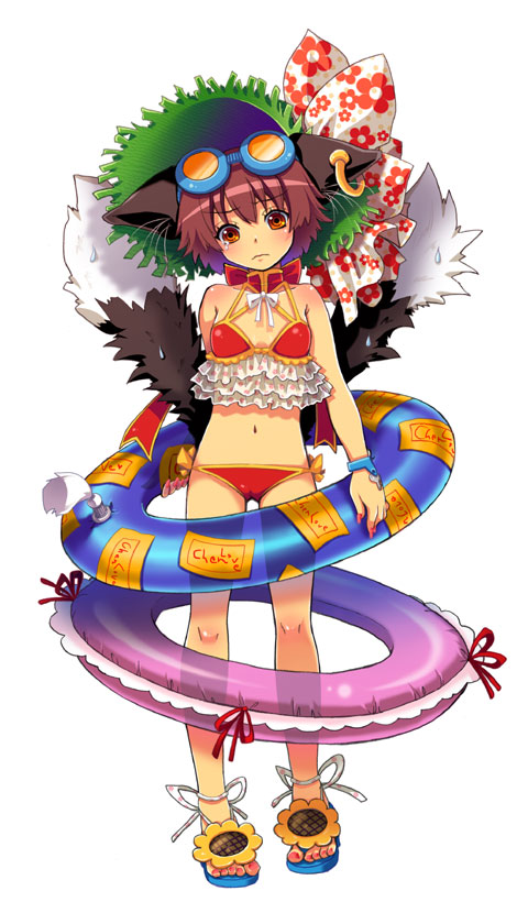 shima chiyo, chen, touhou, 1girl, adapted costume, animal ears, bikini, cameltoe, cat ears, cat girl, cat tail, earrings, female focus, fingernails, frilled bikini, frills, frown, full body, goggles, hat, innertube, jewelry, long fingernails, multiple tails, polka dot, polka dot bikini, red bikini, ribbon, short hair, side-tie bikini bottom, simple background, single earring, skin tight, solo, standing, stiff tail, swim ring, swimsuit, tail, two tails, white background