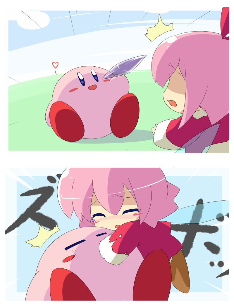 oka (bananashoe), kirby, ribbon (kirby), kirby (series), kirby 64, nintendo, commentary, ^^^, blush stickers, chibi, crystal, fairy, heart, hug, pink hair, ribbon, short hair, surprised, wings