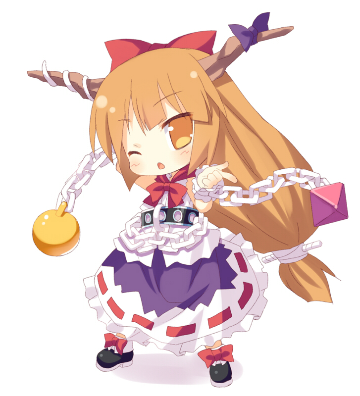 meito (maze), ibuki suika, touhou, 1girl, chibi, female focus, full body, horns, long hair, low-tied long hair, one eye closed, solo, white background, wink