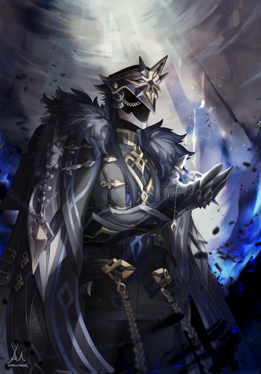 capitano (genshin impact), genshin impact, commentary request, highres, 1boy, aran mame, arm up, armor, black coat, black helmet, black pants, black shirt, coat, collared shirt, debris, feet out of frame, fur-trimmed collar, fur trim, helmet, light rays, male focus, open clothes, open coat, pants, shirt, signature, solo, standing, sunbeam, sunlight