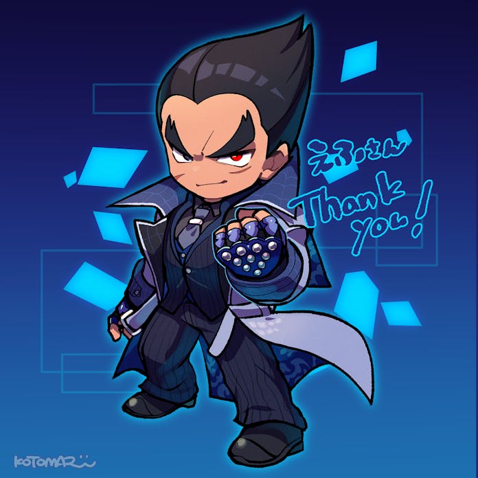 kotorai, mishima kazuya, tekken, commentary request, commission, skeb commission, 1boy, black hair, black pants, blue background, blue gloves, chibi, chibi only, closed mouth, fingerless gloves, full body, gloves, grey necktie, heterochromia, long sleeves, looking at viewer, male focus, necktie, no nose, pants, red eyes, scar, scar on face, shoes, short hair, signature, solo, standing, studded gloves, thank you, thick eyebrows