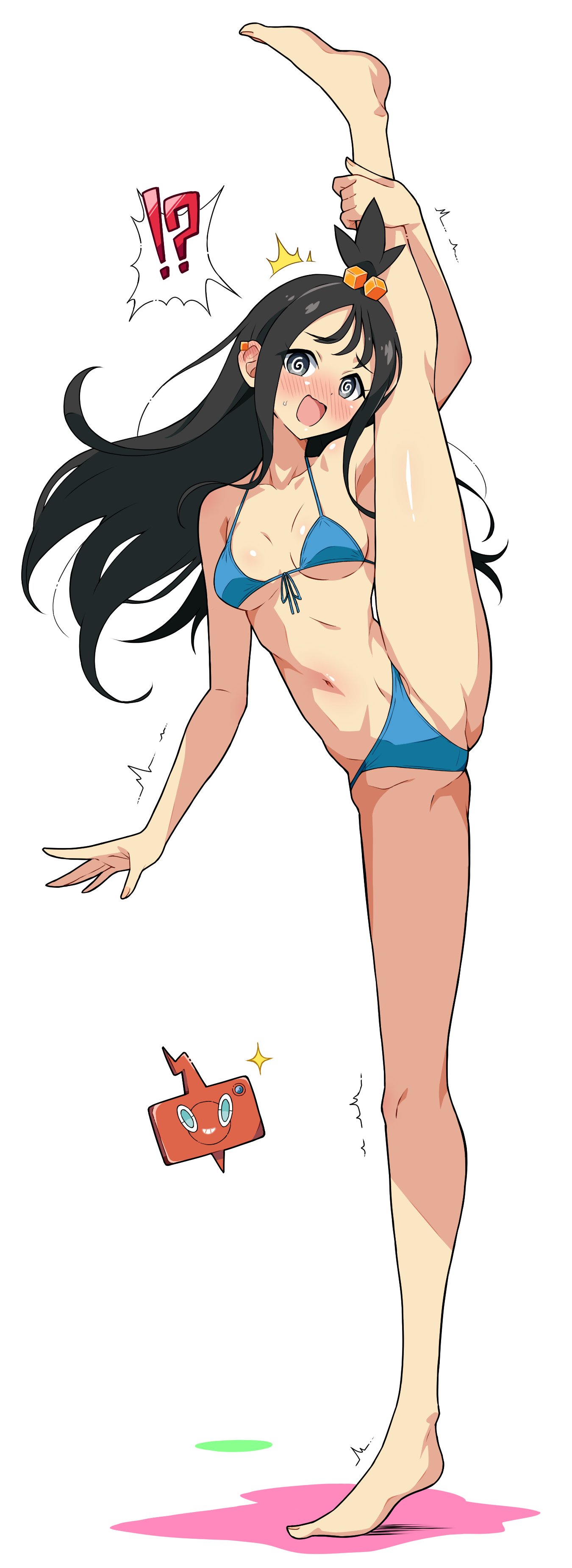eggman (ni tamagoex), lida (pokemon), rotom, rotom phone, nintendo, pokemon, pokemon legends: z-a, absurdres, commentary request, highres, 1girl, ?, @ @, bikini, black eyes, black hair, blue bikini, blush, breasts, cube hair ornament, earclip, embarrassed, full body, gen 4 pokemon, hair ornament, leg lift, leg up, long hair, looking at viewer, medium breasts, navel, open mouth, simple background, solo, split, standing, standing on one leg, standing split, swimsuit, trembling, white background