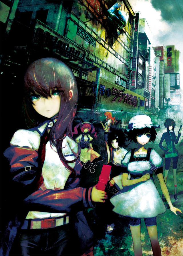huke, akiha rumiho, amane suzuha, faris nyannyan, kiryuu moeka, makise kurisu, shiina mayuri, urushibara luka, science adventure, steins;gate, official art, 1boy, 5girls, akihabara (tokyo), brown hair, long hair, multiple girls, product placement, tokyo (city), trap
