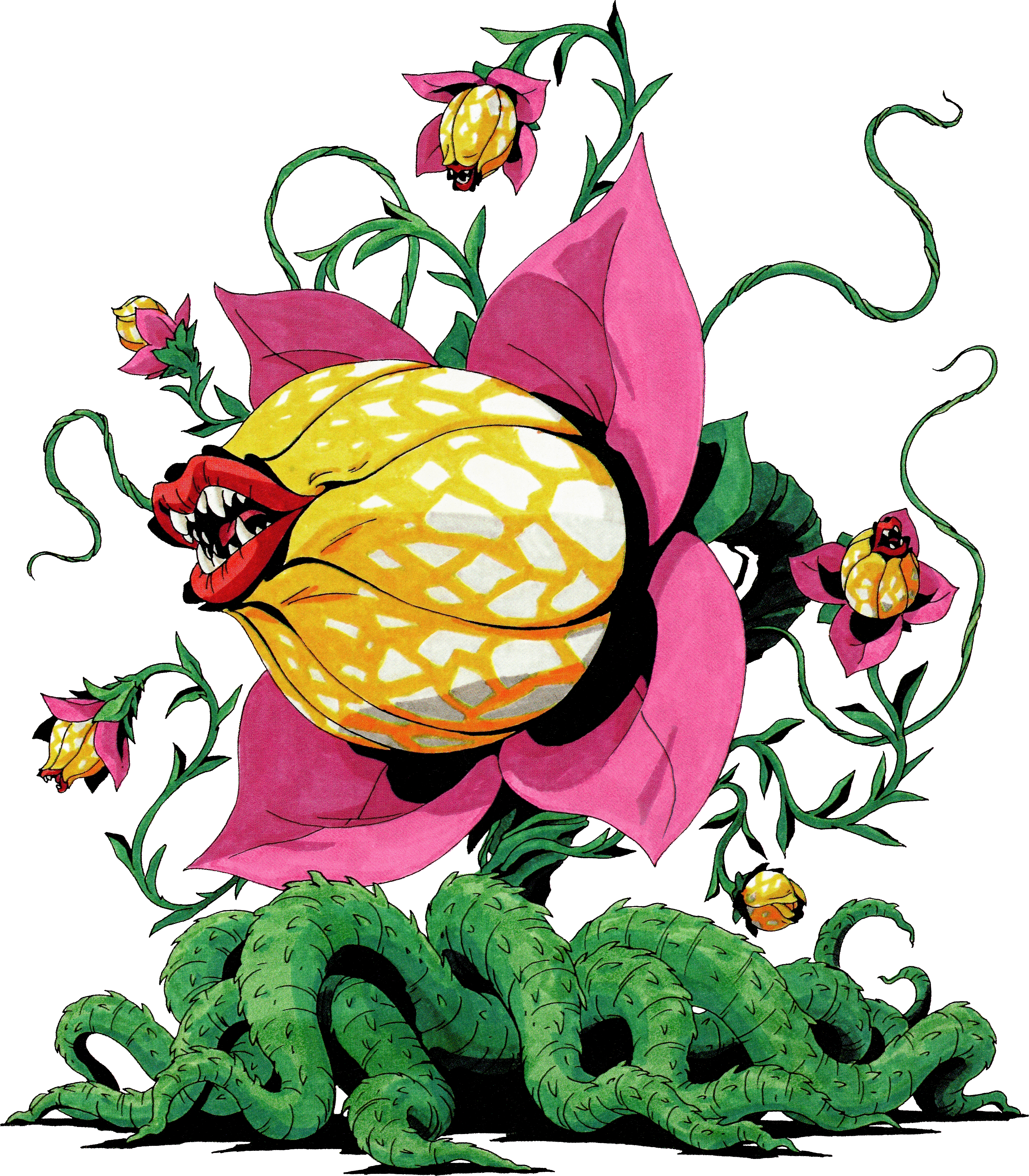 kazuma kaneko, audrey (megami tensei), shin megami tensei, shin megami tensei ii, the little shop of horrors, absurdres, highres, marker (medium), scan, third-party source, traditional media, demon (megami tensei), flower, full body, lips, no humans, petals, plant, retro artstyle, solo, spines, teeth, transparent background, vines