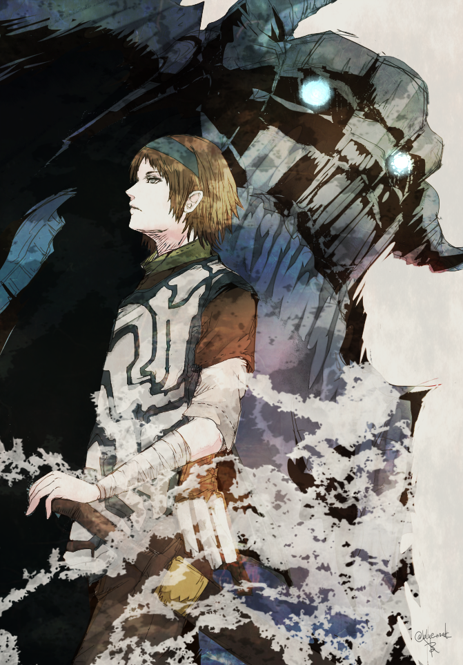 ruka (blueplus84), barba (shadow of the colossus), wander (shadow of the colossus), shadow of the colossus, commentary request, 1boy, bandaged arm, bandages, blue eyes, blue hairband, brown hair, colossus, hairband, hand on hilt, sheath, sheathed, short hair, sword, twitter username, weapon