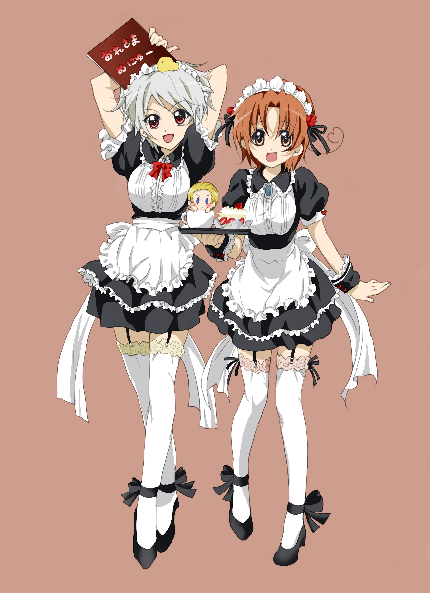 tsukiyoshi yoru, germany (hetalia), northern italy (hetalia), prussia (hetalia), axis powers hetalia, higurashi no naku koro ni, silver hair, bad id, bad pixiv id, highres, third-party edit, 2girls, apron, black dress, brown eyes, brown hair, dress, frills, genderswap, genderswap (mtf), maid, maid apron, maid headdress, mary janes, multiple girls, parody, red eyes, shoes, short hair, thighhighs, white thighhighs