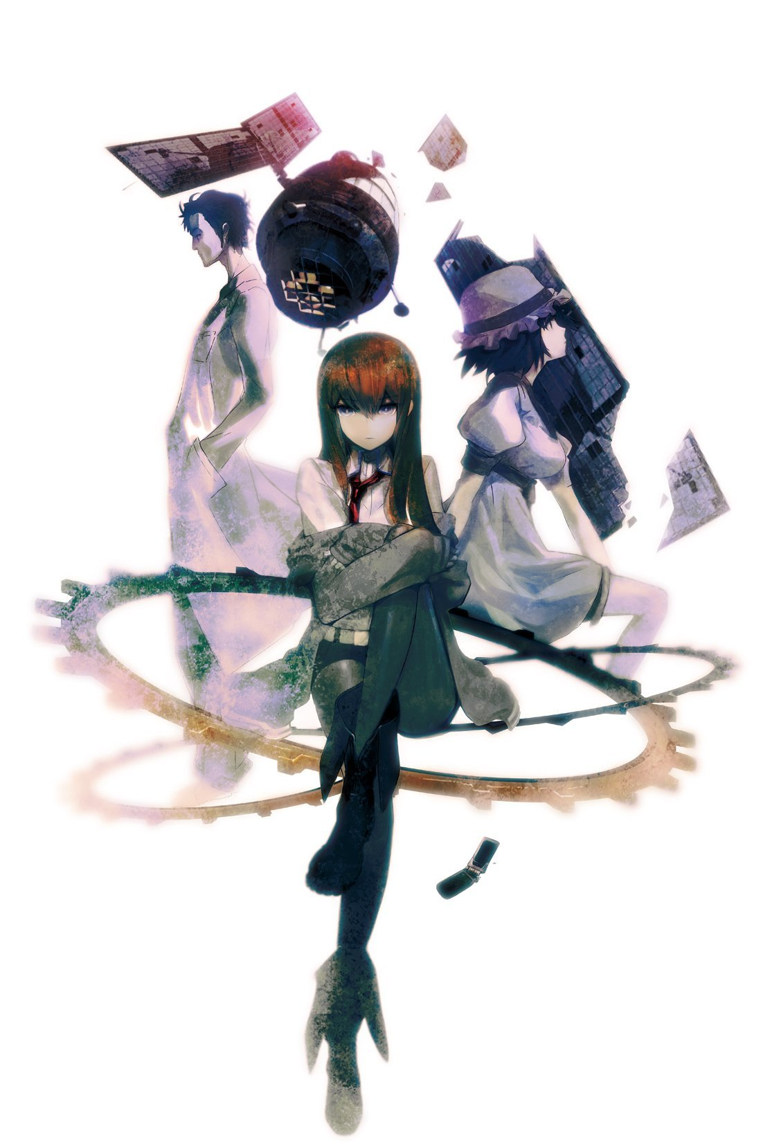 huke, makise kurisu, okabe rintarou, shiina mayuri, science adventure, steins;gate, highres, official art, 1boy, 2girls, black hair, blue eyes, boots, brown hair, cellphone, gears, hat, jacket, lab coat, long hair, makisu kurisu, multiple girls, necktie, off shoulder, pantyhose, pantyhose under shorts, phone, satellite, short hair, shorts, sitting