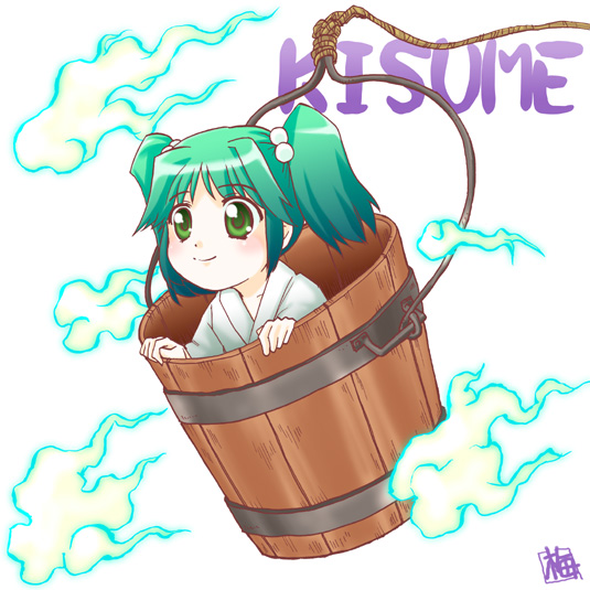 kairakuen umenoka, kisume, touhou, 1girl, bucket, female focus, green eyes, green hair, in bucket, in container, matching hair/eyes, short hair, solo, twintails, white background
