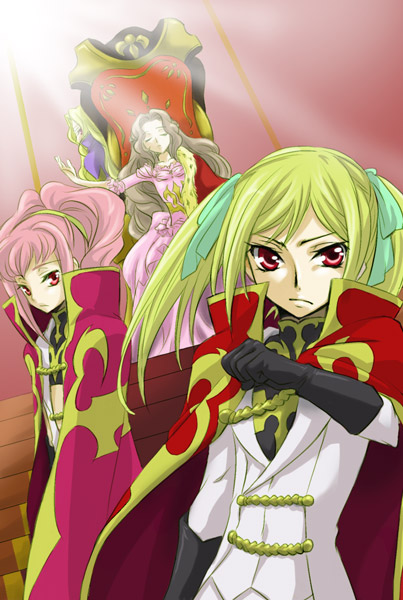 drawfag, alice (code geass), anya alstreim, mark nemo, nemo (nightmare of nunnally), nunnally vi britannia, code geass, code geass: nightmare of nunnally, nightmare of nunnally, fur, non-web source, source request, 00s, 4girls, blind, blonde hair, bodysuit, breasts, brown hair, cape, dress, dual persona, flat chest, gloves, hair ribbon, knight, long hair, midriff, multiple girls, navel, pink hair, red eyes, ribbon, sitting, small breasts, throne, twintails