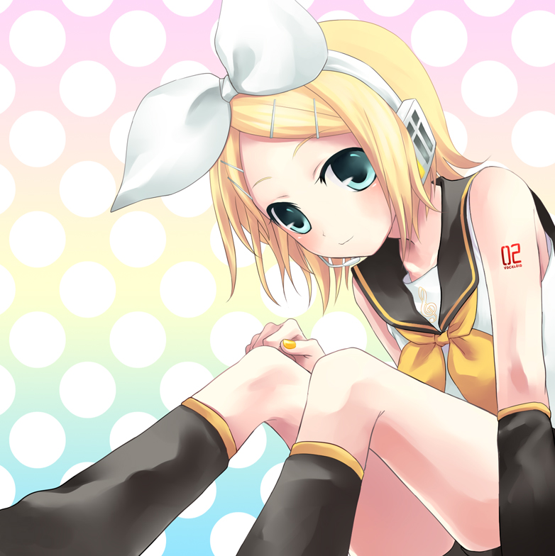 fumii, fummy, kagamine rin, vocaloid, 1girl, bare shoulders, blonde hair, female focus, green eyes, headset, nail polish, ribbon, solo, yellow nails
