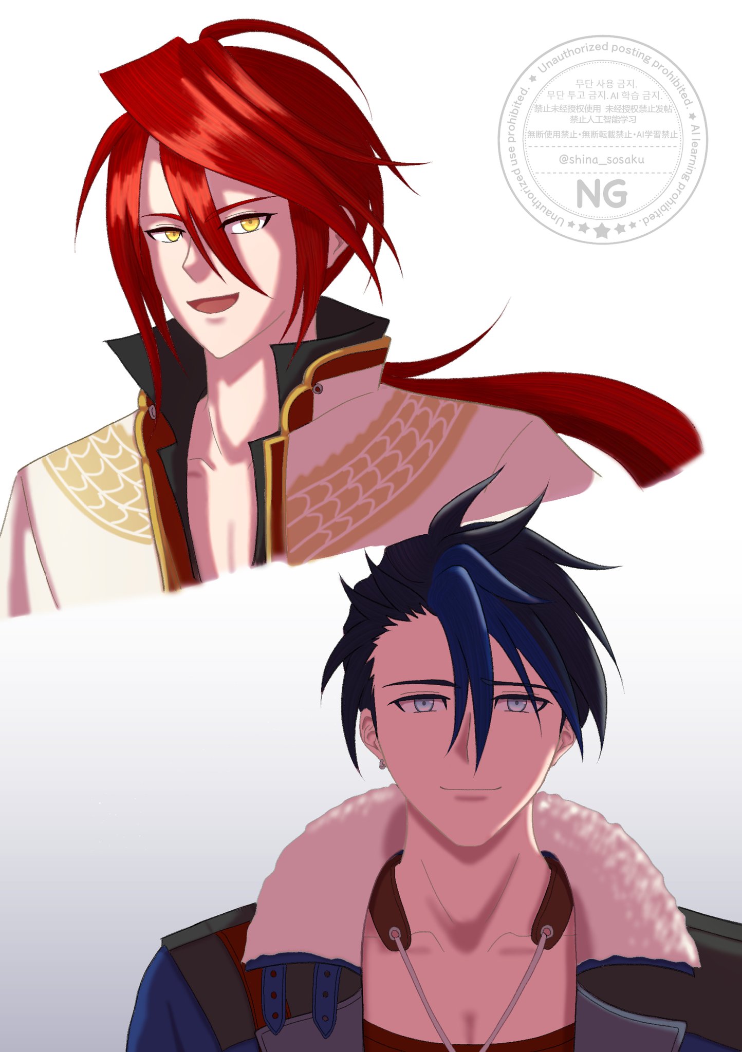 aaron wei, van arkride, eiyuu densetsu, kuro no kiseki (series), commentary request, highres, 2boys, black hair, blue eyes, blue hair, closed mouth, collarbone, double-parted bangs, ear piercing, floating hair, fur trim, hair between eyes, hair slicked back, long hair, looking at viewer, male focus, multicolored hair, multiple boys, open mouth, piercing, ponytail, red hair, shina sosaku, short hair, smile, two-tone hair, watermark, yellow eyes